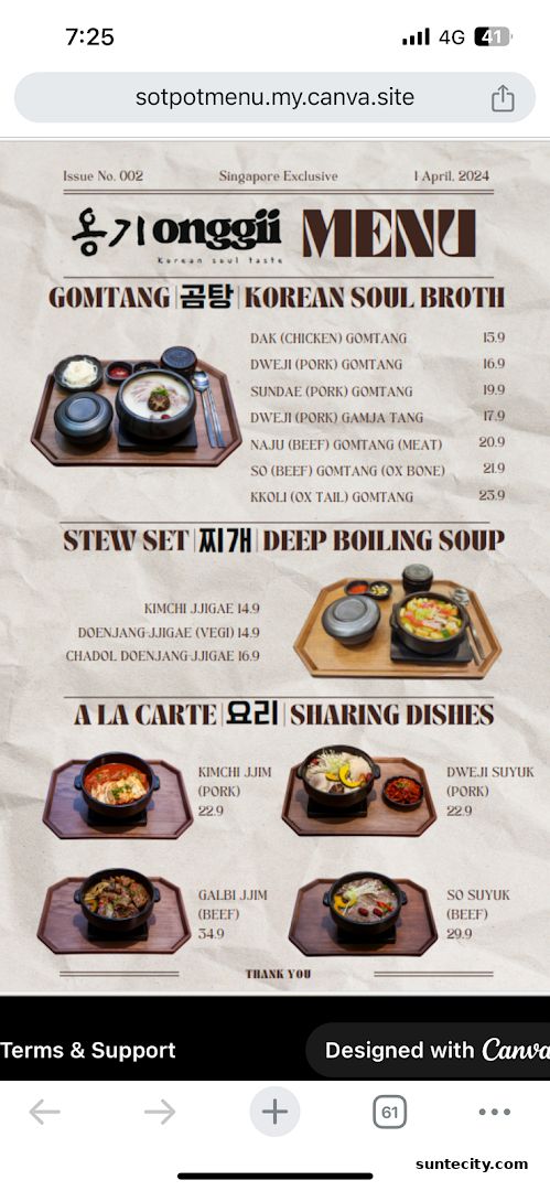 Menu page for onggii