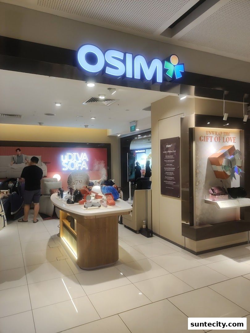 The OSIM shop front displays massage chairs and wellness products, with a promotional banner for 'UDIVA Sofa'.