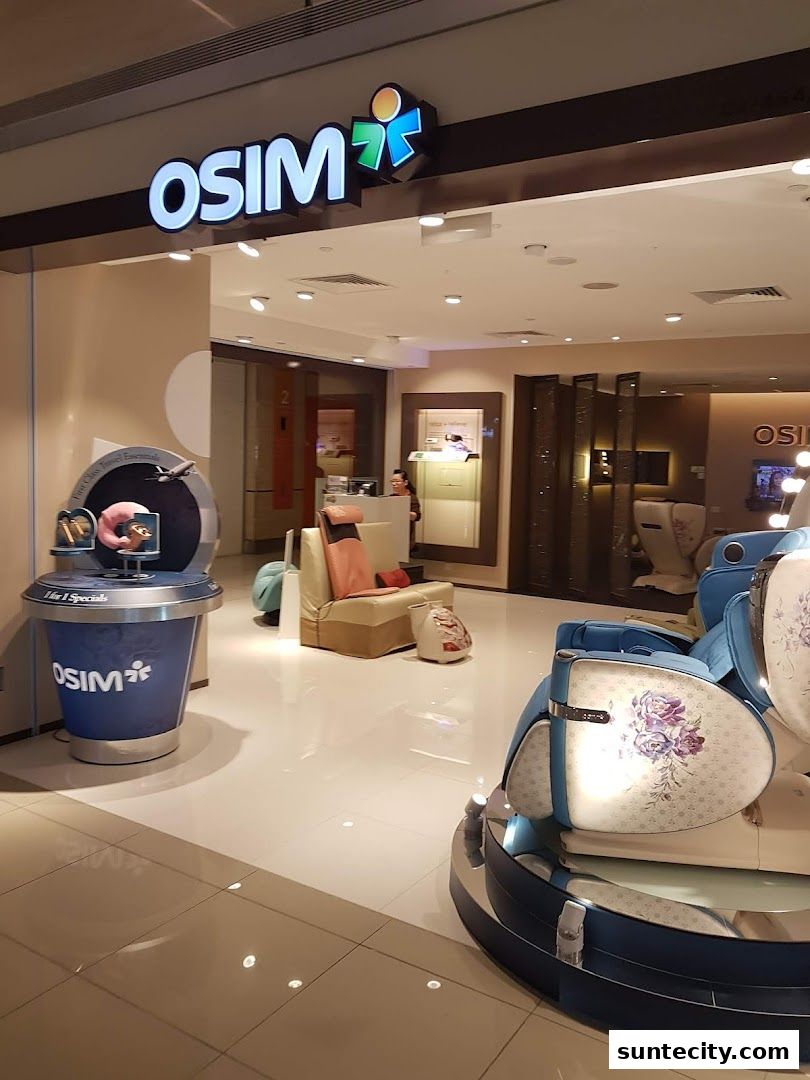 The OSIM store features massage chairs and promotional displays, with a staff member visible inside.