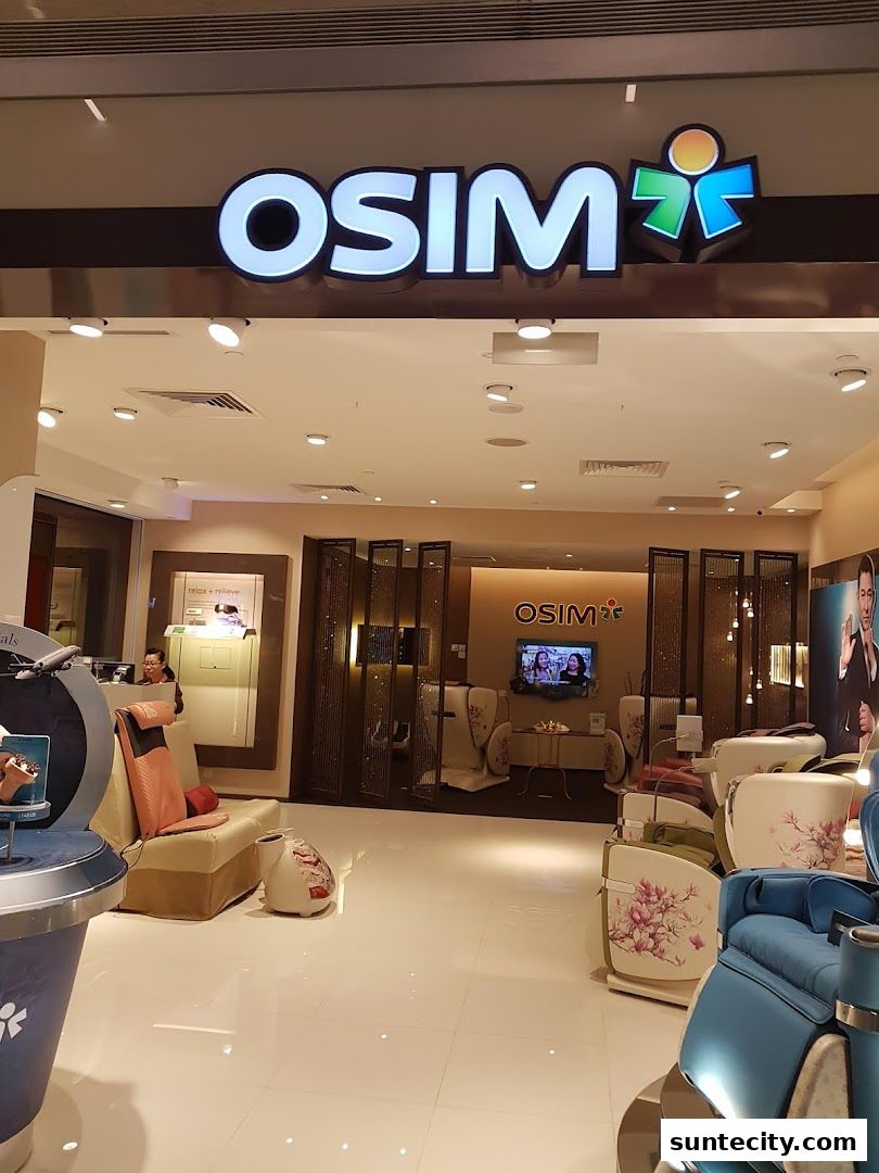 The OSIM store interior showcases various massage chairs and wellness products.