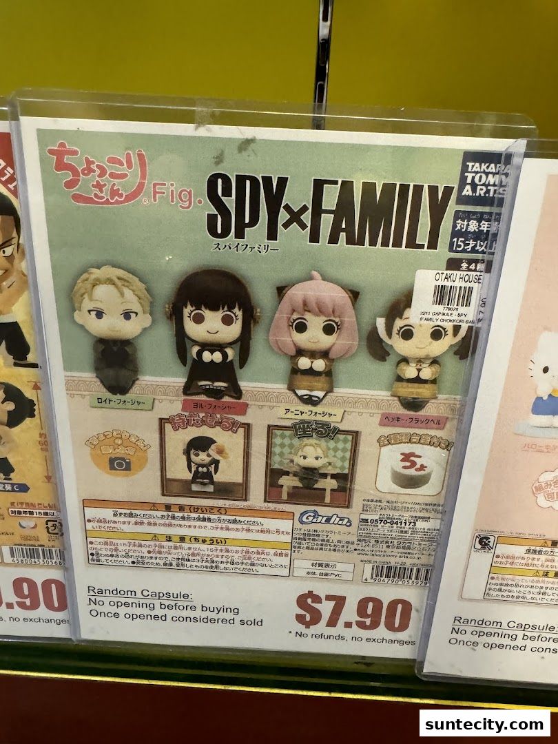Display of Spy x Family Chokorin figures and other anime merchandise at Otaku House.