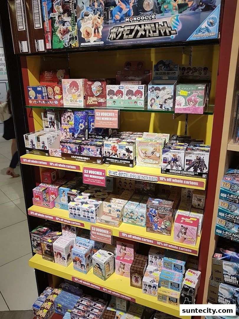 Shelves filled with anime figurines, trading cards, and collectible toys.
