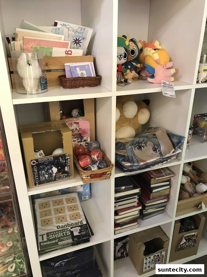 Shelves filled with anime merchandise, plush toys, t-shirts, and stationery.