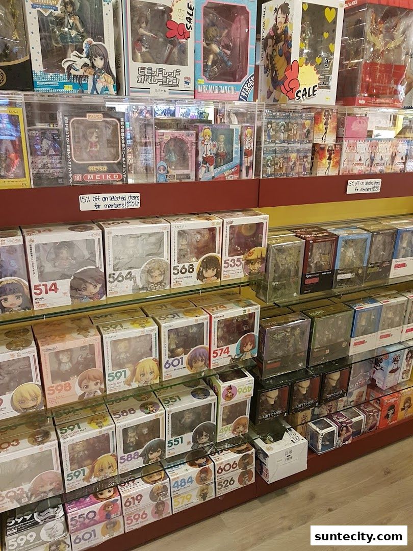 Shelves filled with anime figurines and collectible toys in their original packaging.