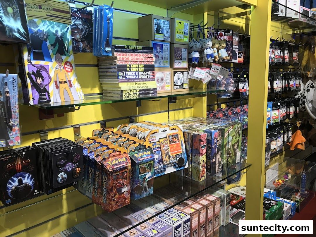 A retail shop interior displaying anime merchandise, trading cards, and collectibles on shelves.