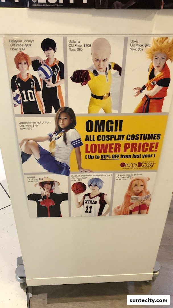 A poster advertising cosplay costumes with prices and discounts from Otaku House.