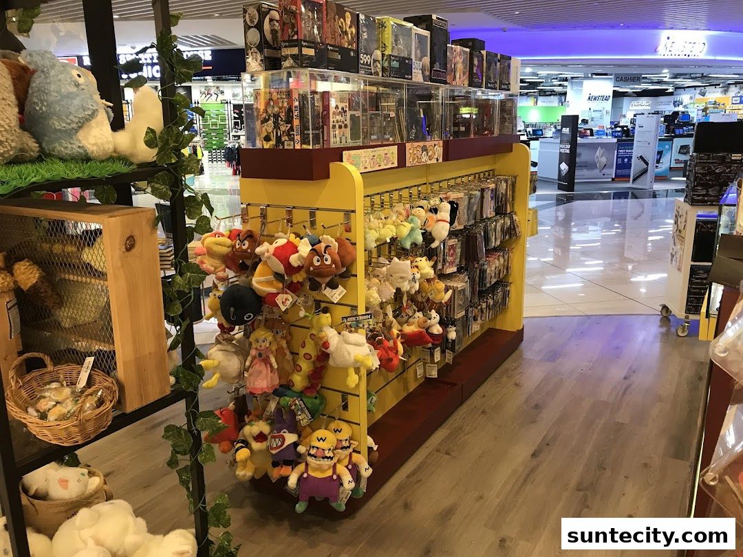 A display of plush toys and collectible figures in a retail store.