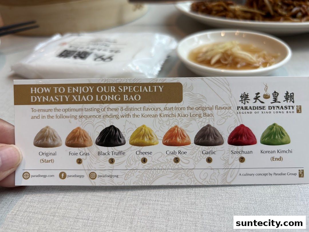 A guide on how to enjoy Dynasty Xiao Long Bao with 8 different flavors shown.