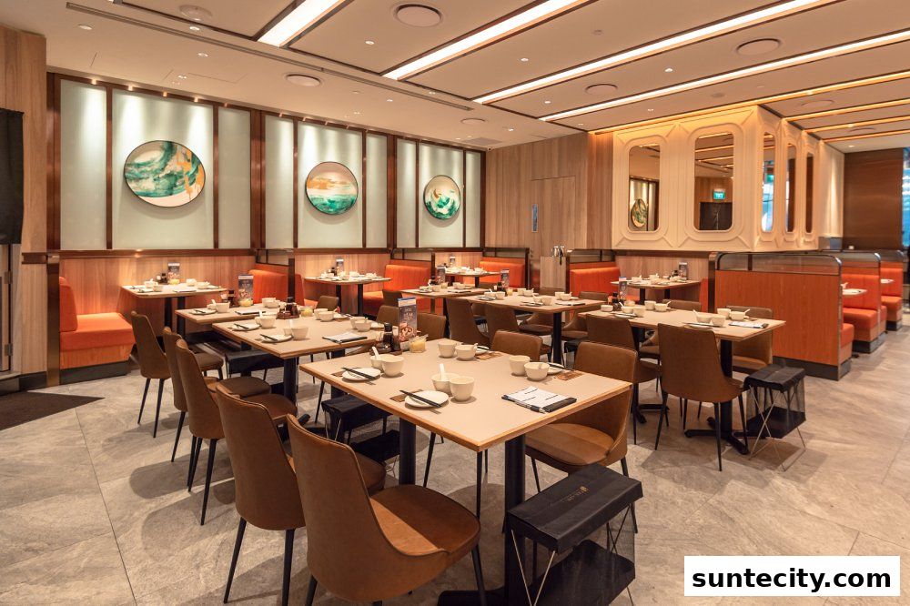 Interior view of a restaurant dining area with tables set for dining.