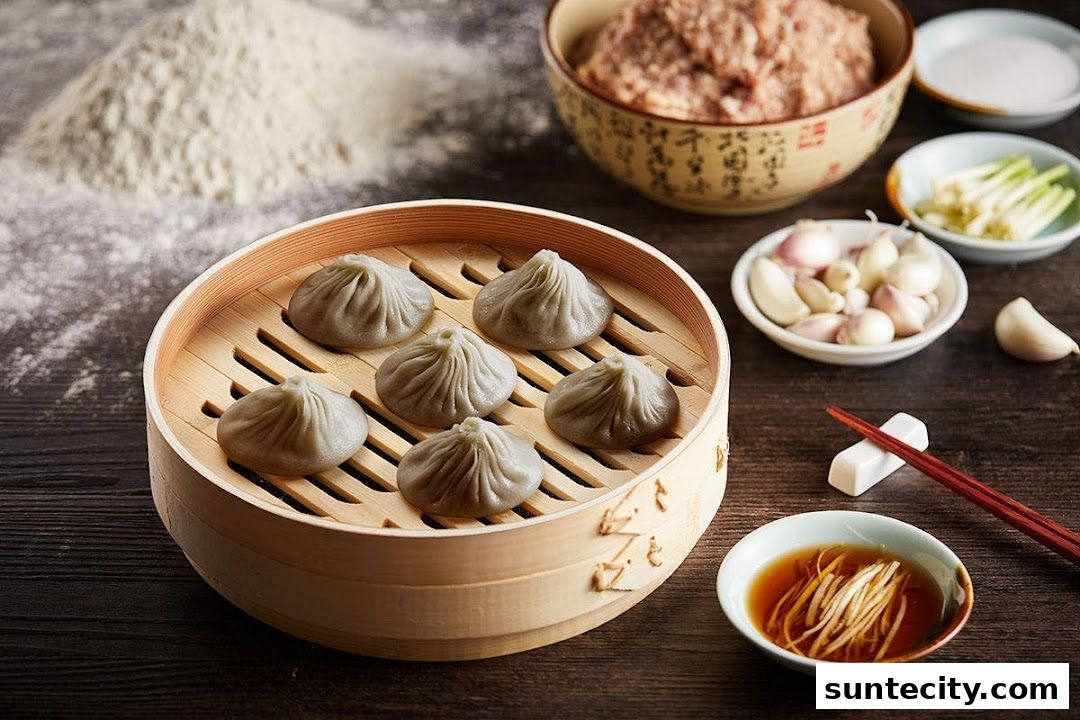 A close-up of steamed dumplings in a bamboo steamer with ingredients for preparation.