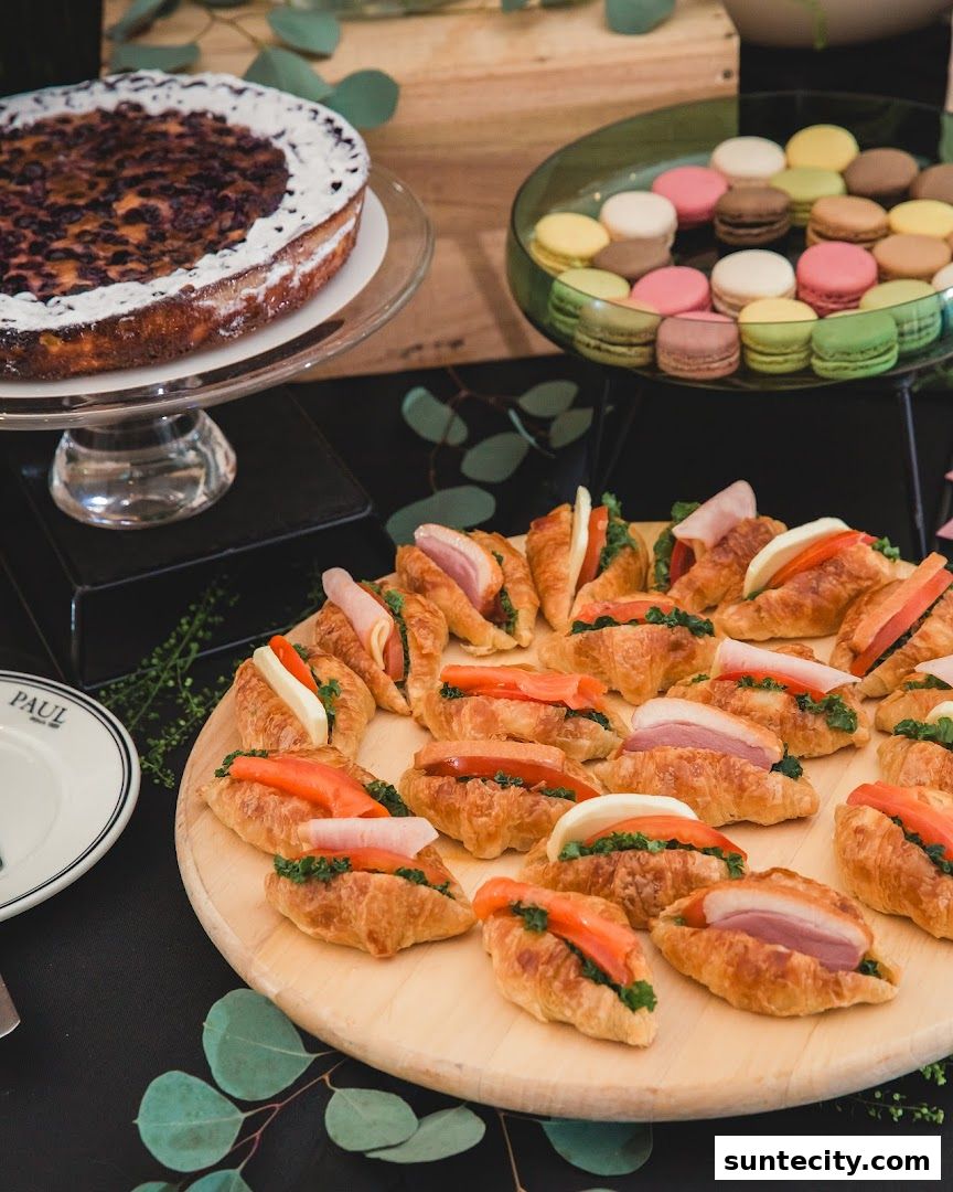 A spread of mini croissants, macarons, and a tart, beautifully arranged for a gathering.