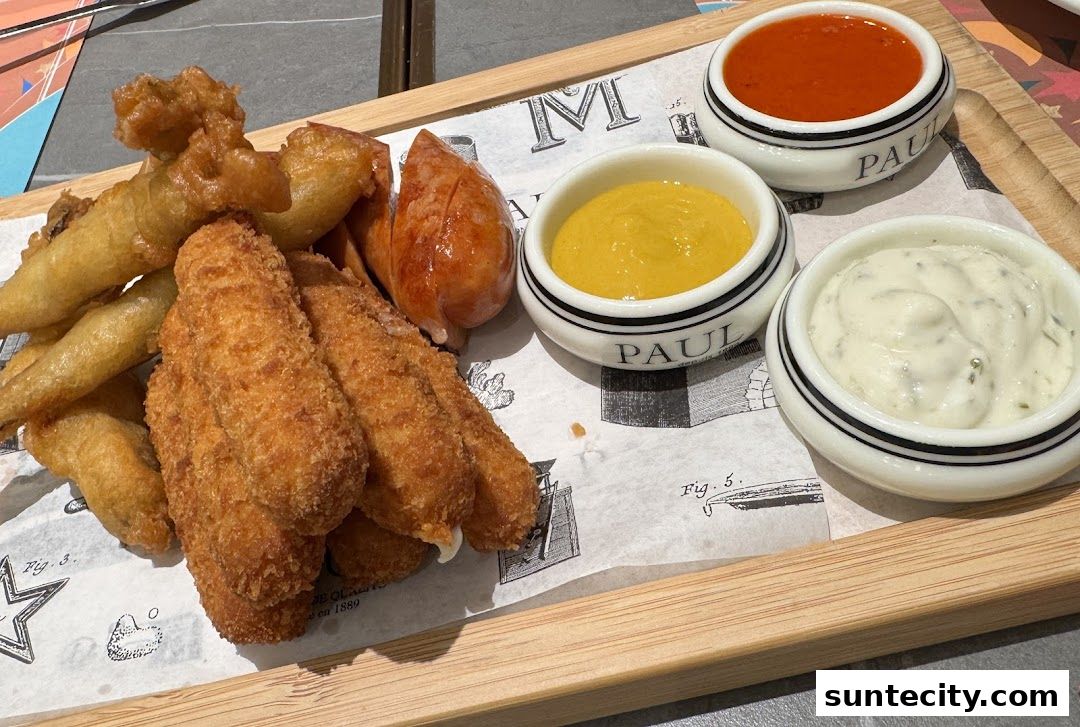 A platter of fried food, including fish and chicken fingers, with three dipping sauces.