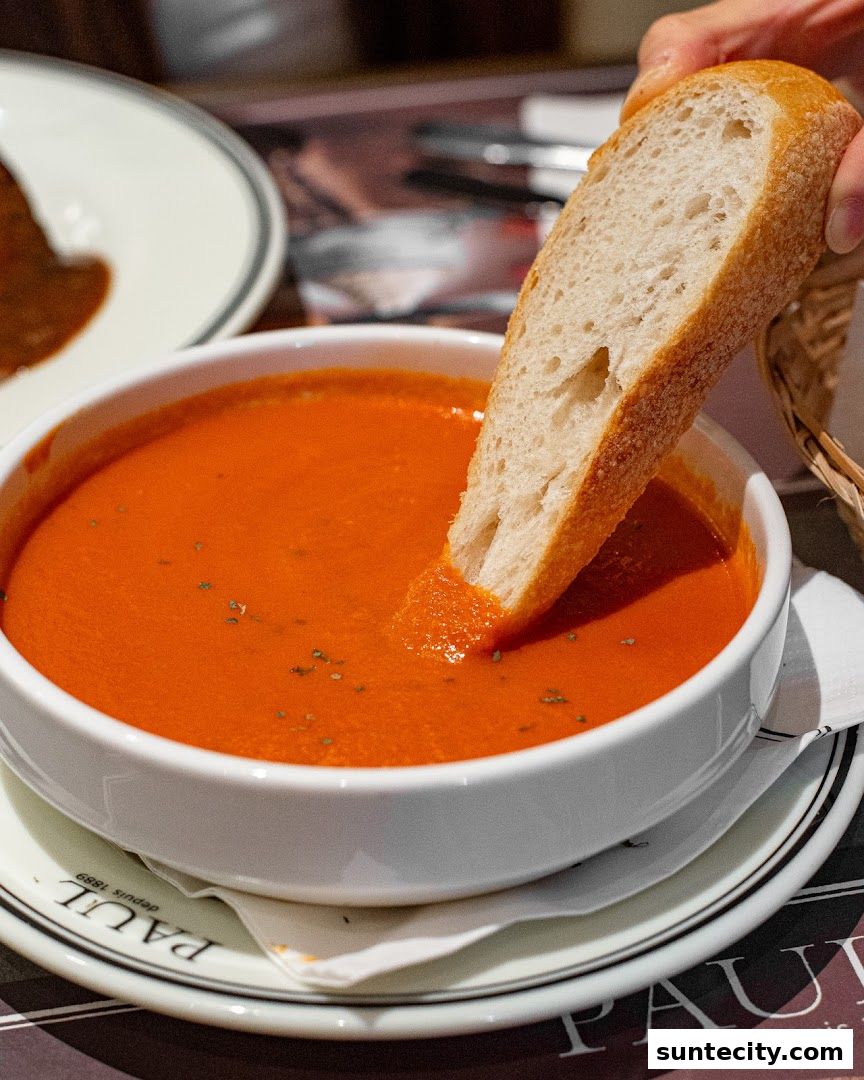 A slice of bread is dipped into a bowl of vibrant tomato soup.