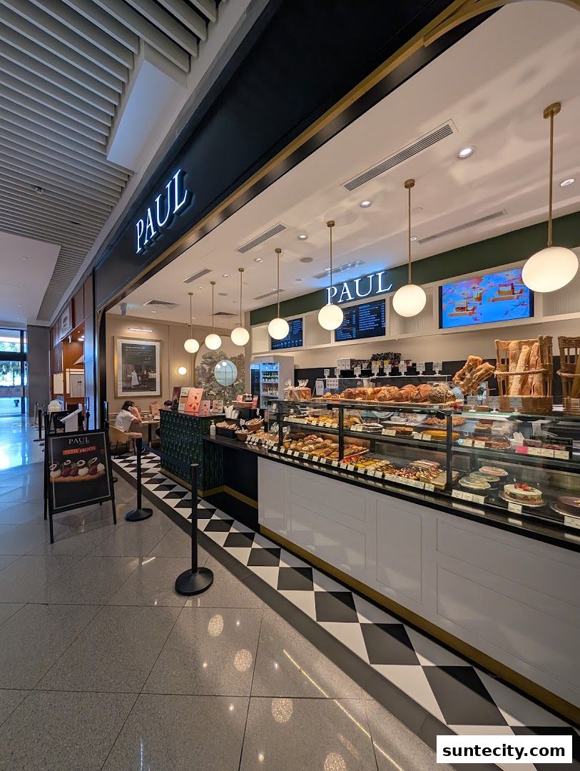 A PAUL bakery shop with a display of pastries and bread, and seating area inside.