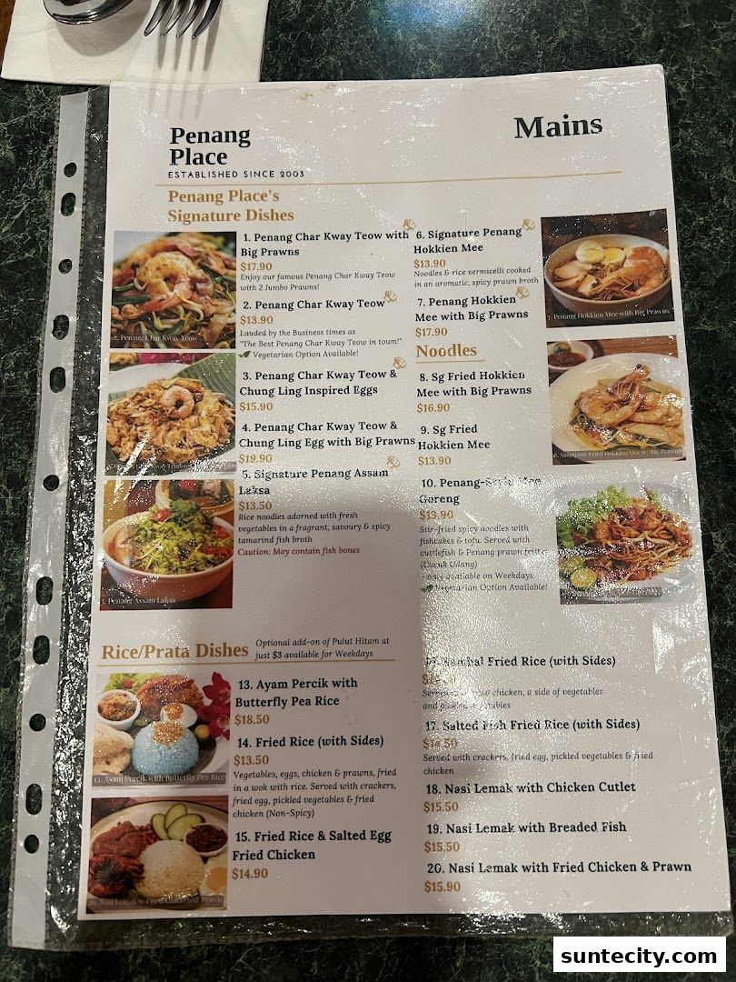 Menu page for Penang Place