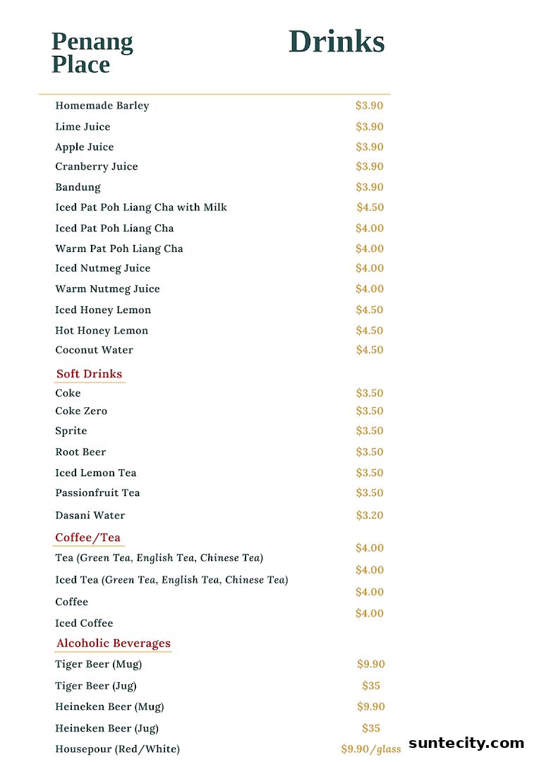 Menu page for Penang Place