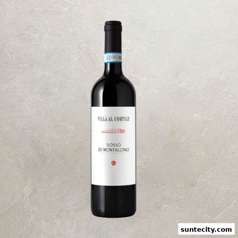 A bottle of red wine labeled 'Villa al Cortile Rosso di Montalcino' against a textured background.