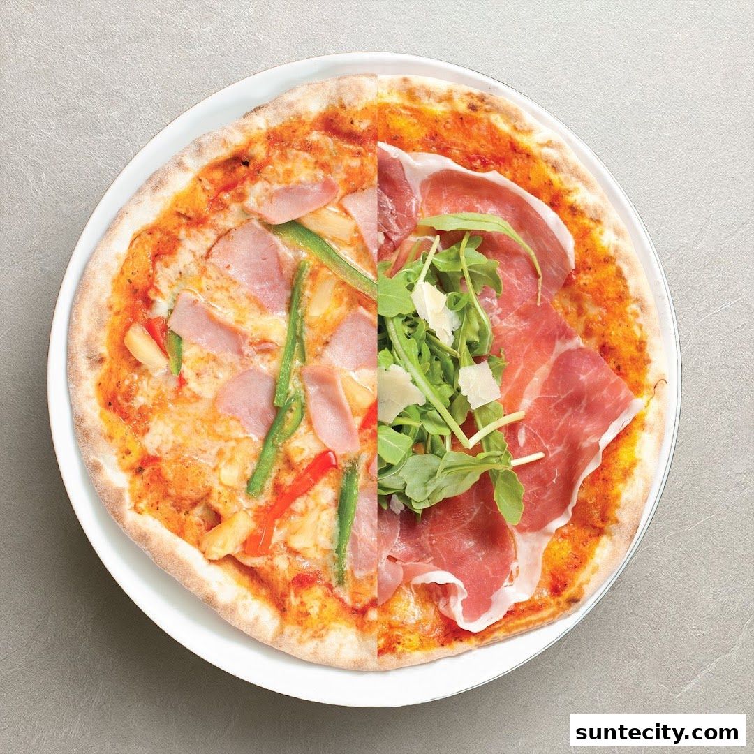 A split pizza with ham, pineapple, and vegetables on one half, and prosciutto and arugula on the other.