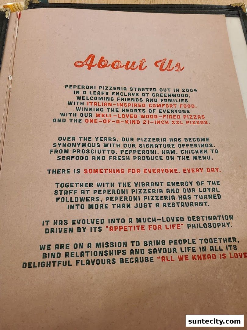 A page from a menu detailing the history and philosophy of Peperoni Pizzeria.