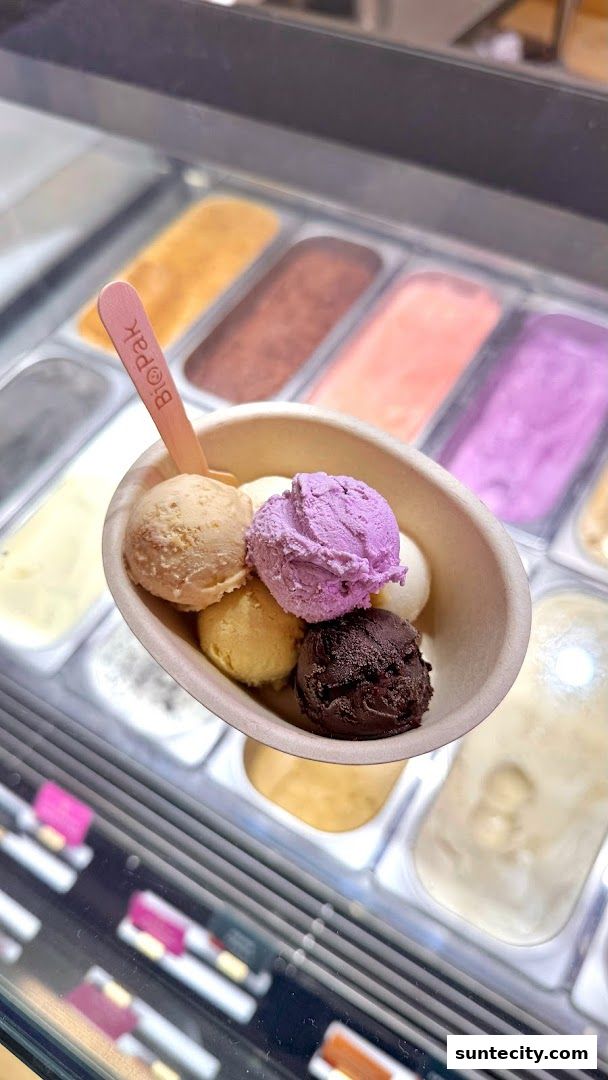 A bowl of assorted ice cream scoops with a wooden spoon in a display freezer.