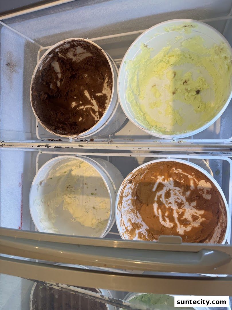 Close-up view of tubs of ice cream in a freezer, showing chocolate and pistachio flavors.