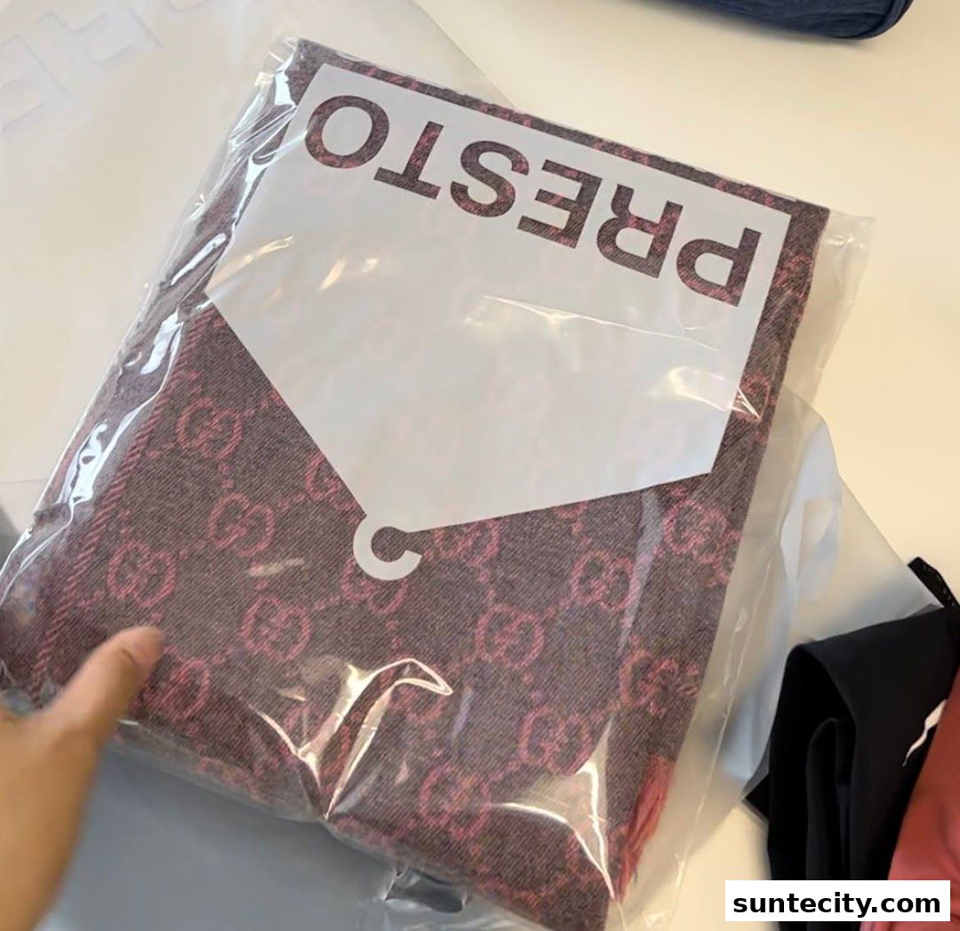 A garment with a repeating logo pattern is sealed in plastic packaging with the shop name 'PRESTO' visible.