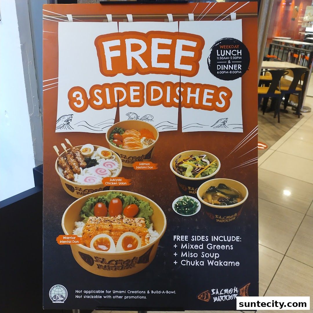 A promotional poster for Salmon Warrior offering free side dishes with meals.