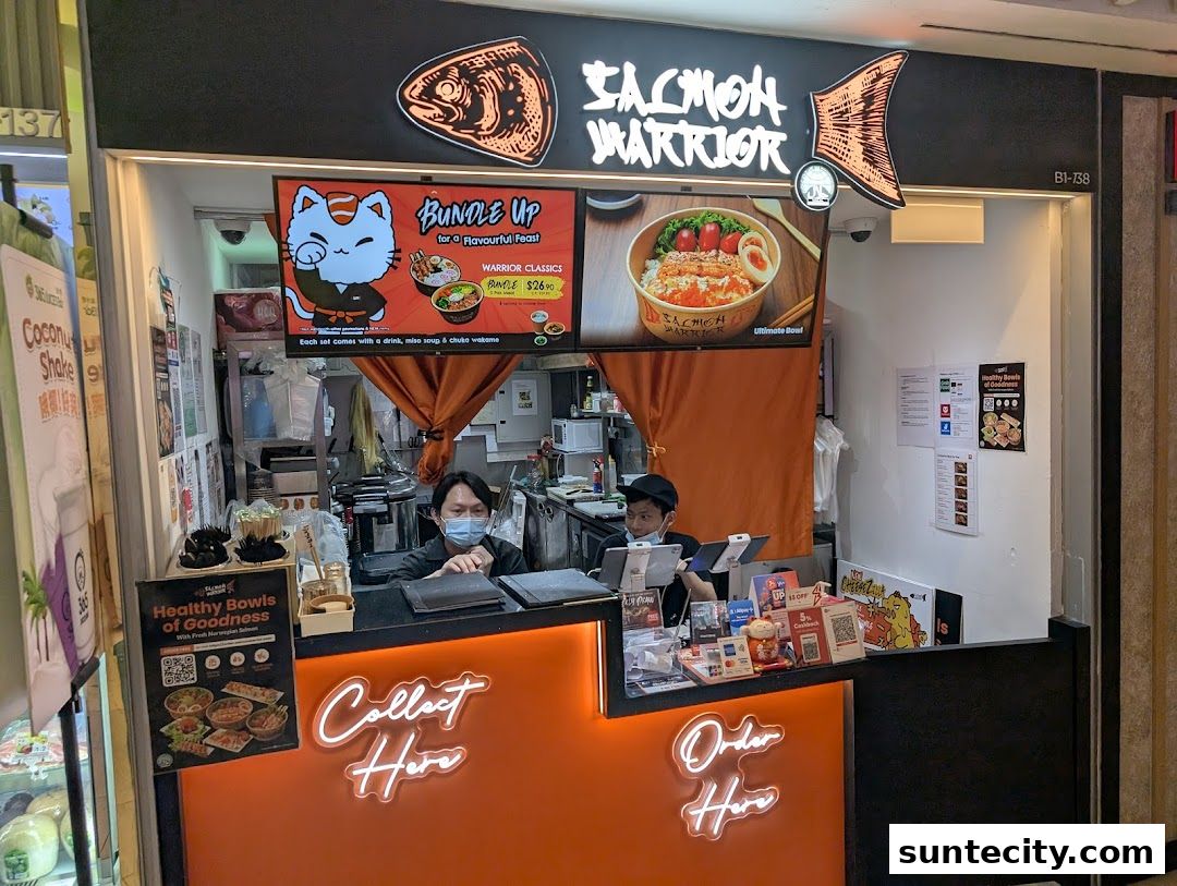 Salmon Warrior shop front with staff, menu displays, and neon signs.