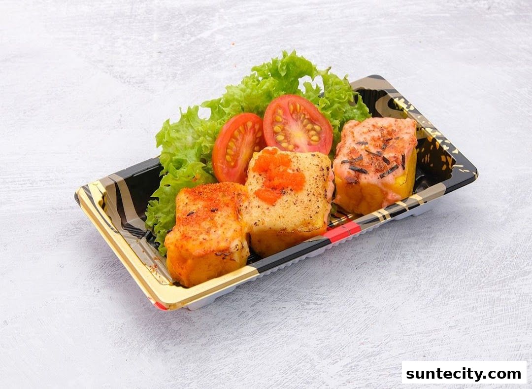 A tray of three salmon sushi rolls with lettuce and tomato slices.