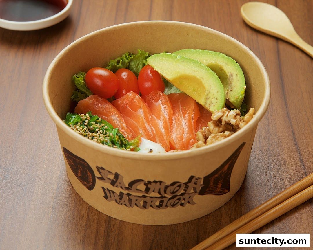 A delicious salmon poke bowl with avocado, cherry tomatoes, and walnuts.