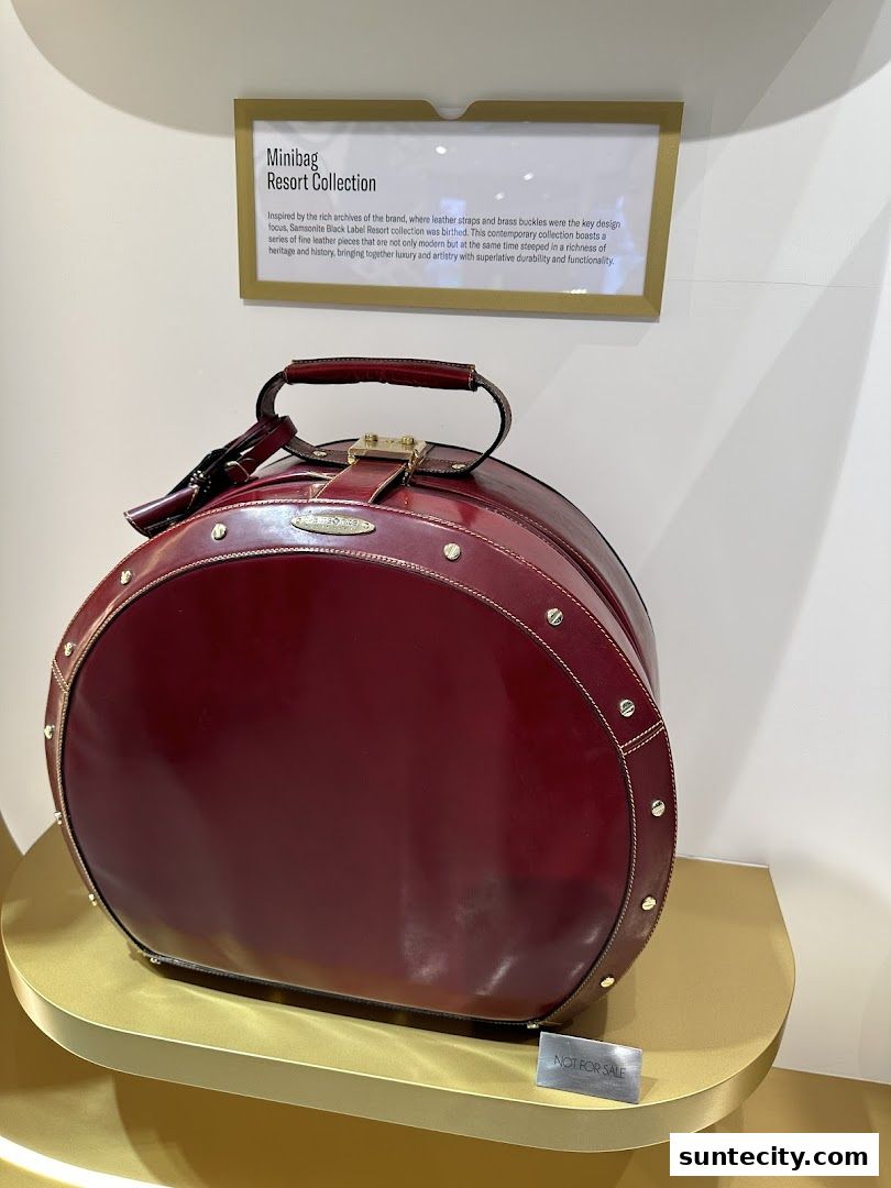 A maroon leather minibag from the Samsonite Resort Collection displayed on a gold shelf.