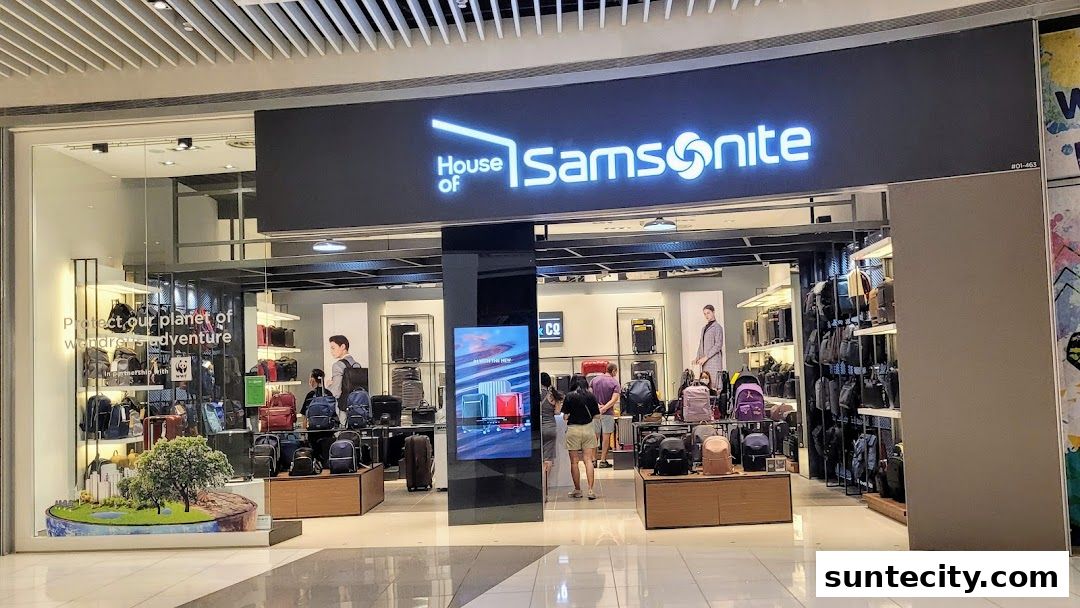 The exterior of a Samsonite store showcasing a wide variety of luggage and bags.