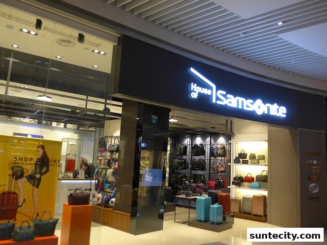 The exterior of a Samsonite store showcasing various luggage and bags.