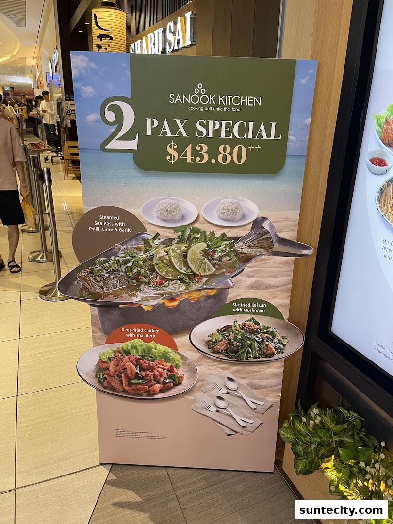 A promotional sign for Sanook Kitchen's 2-person special meal deal.