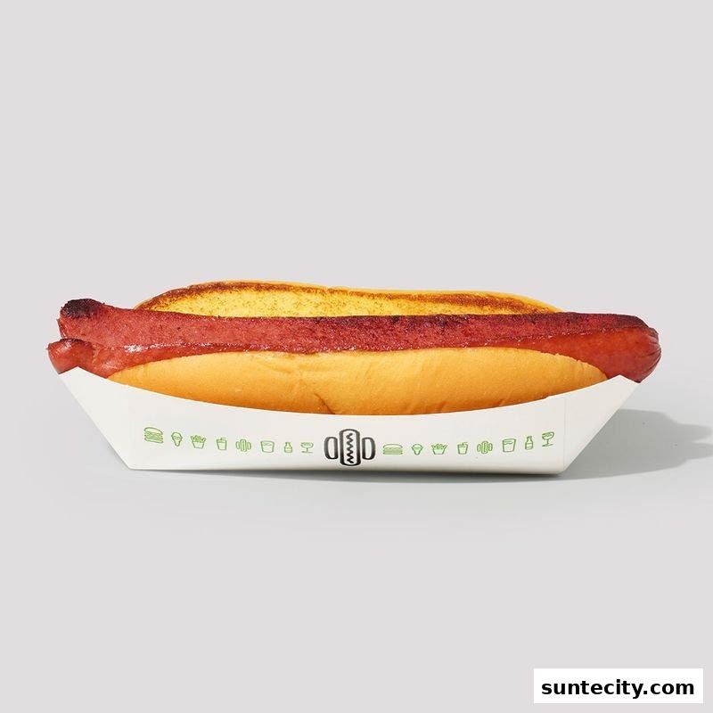 A close-up shot of a delicious hot dog in a white paper tray with Shake Shack branding.