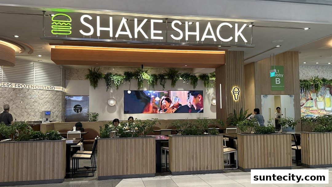 The exterior of a Shake Shack restaurant with its prominent signage and indoor seating visible.