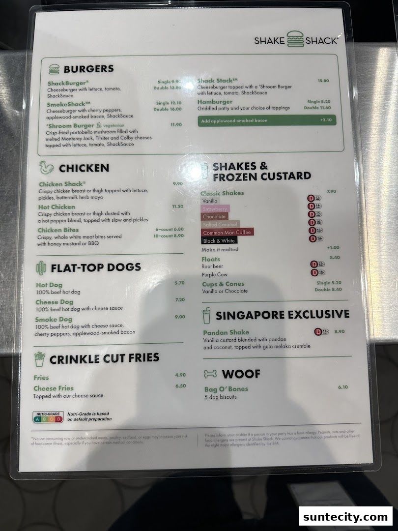 Menu page for Shake Shack Suntec