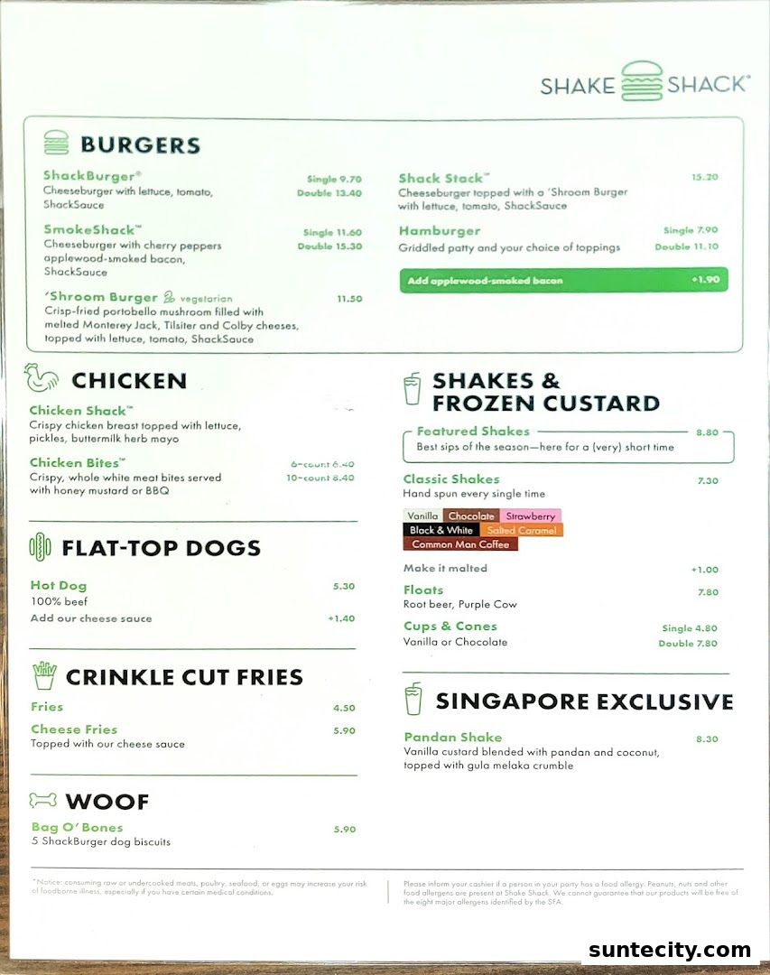 Menu page for Shake Shack Suntec