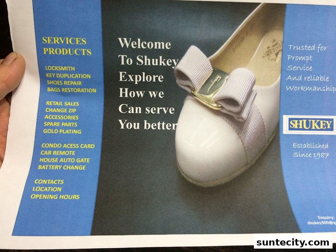 A flyer for Shukey Suntec, showcasing services and a shoe.