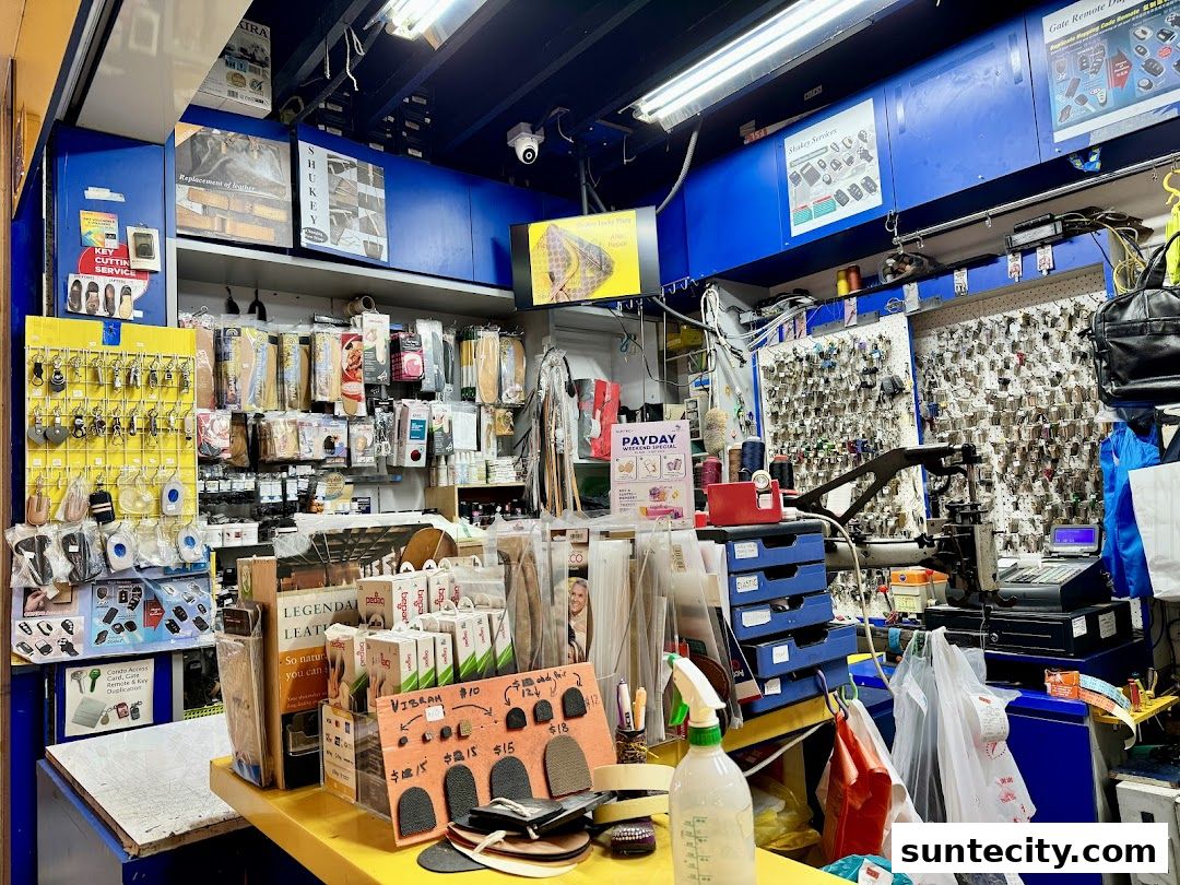 Interior of a shop with many keys, shoe repair supplies, and key cutting services.