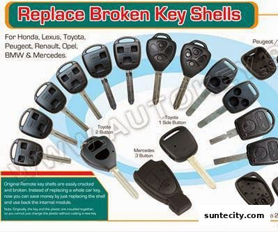 A collection of car key shells for various brands like Toyota, Mercedes, Peugeot, and Renault.