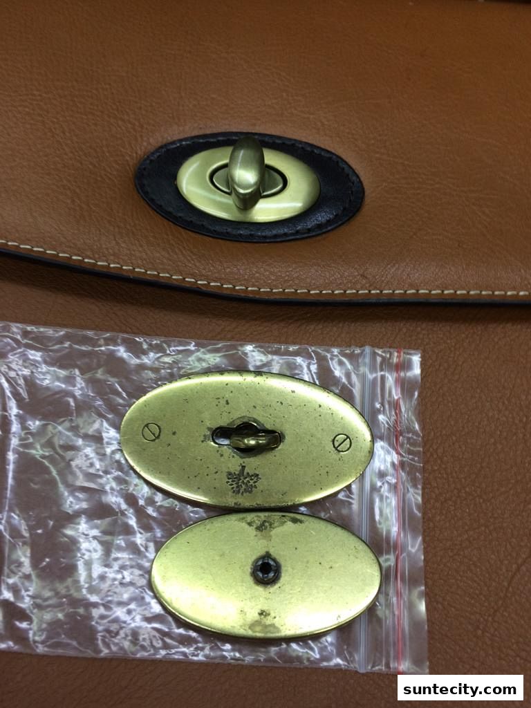 Close-up of a brown leather bag with a gold turn-lock closure and extra hardware.