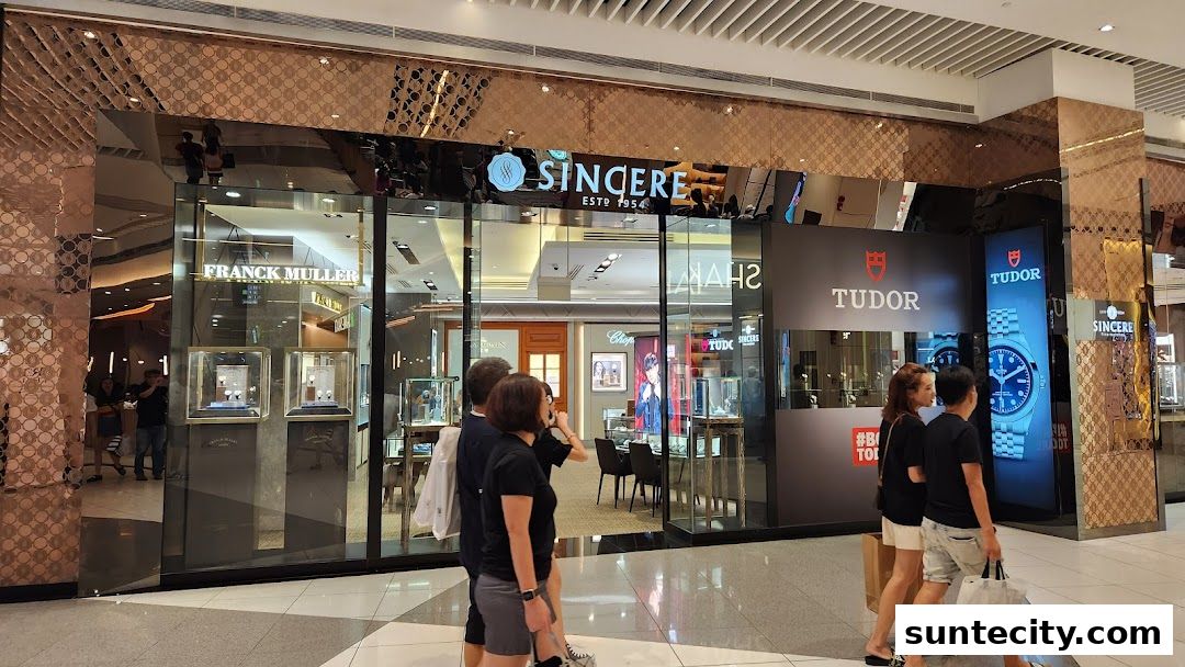 The exterior of Sincere Fine Watches, showcasing luxury timepieces and brand displays.