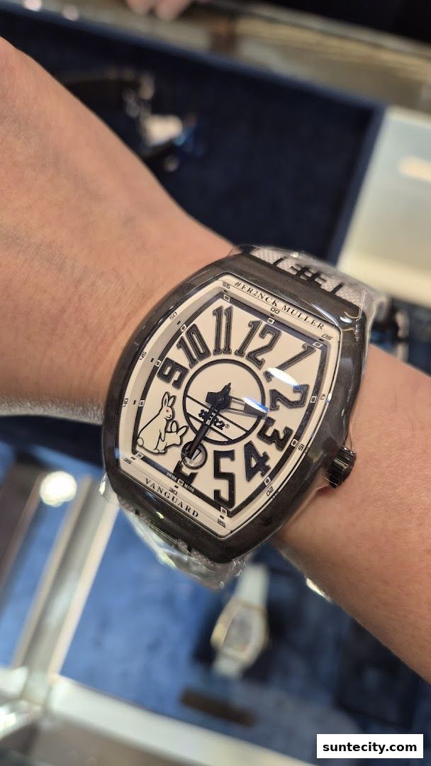 A close-up of a Franck Muller Vanguard watch with a unique rabbit design on the dial.