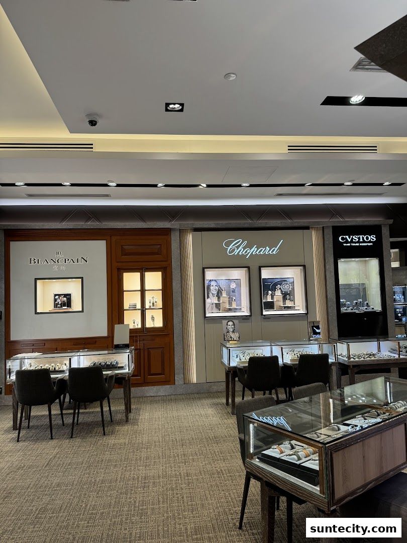 Interior of a luxury watch store featuring display cases with watches and brand signage.