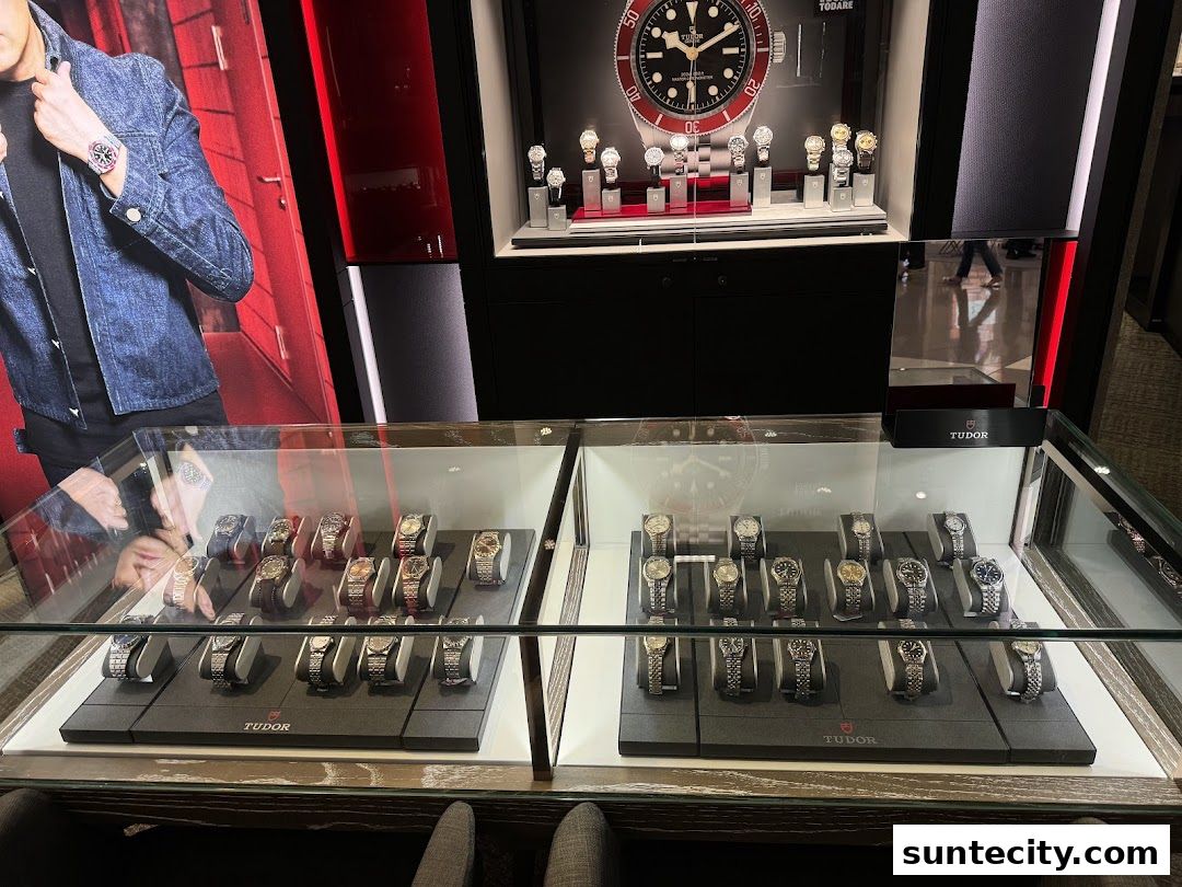 Display cases filled with various luxury watches, with a large watch advertisement in the background.