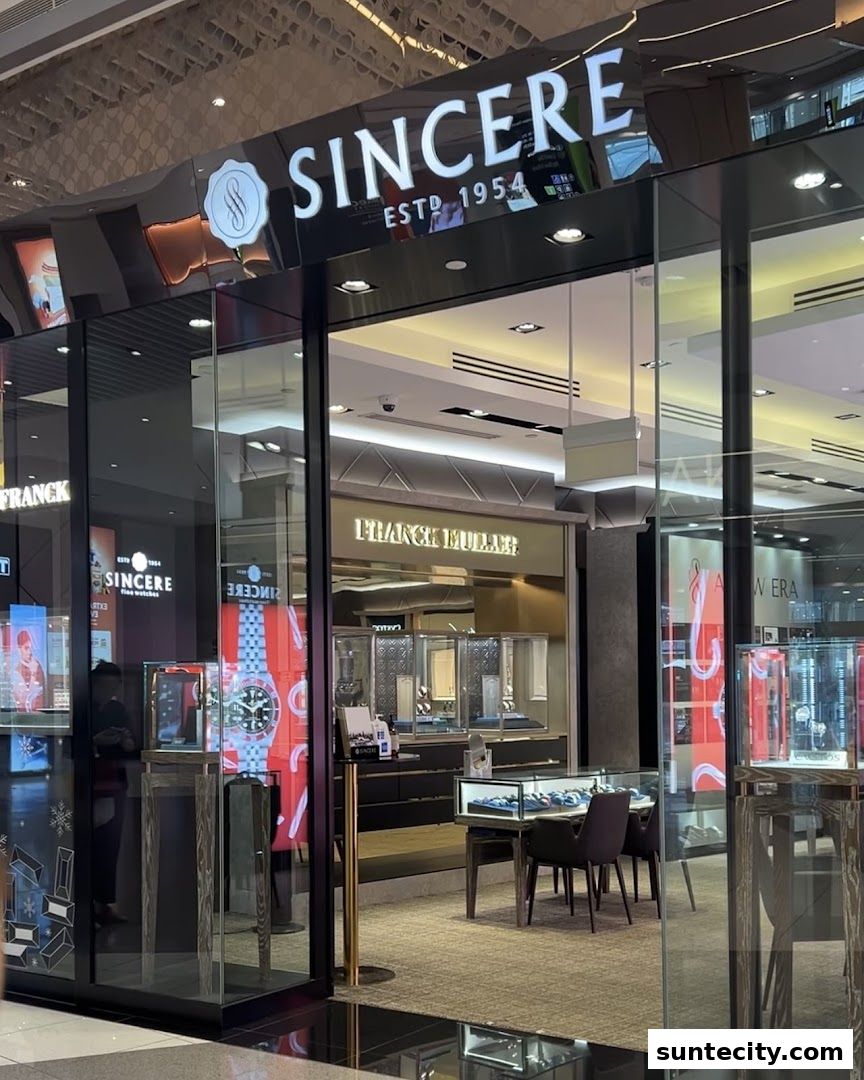 The exterior of Sincere Fine Watches, showcasing luxury timepieces in display cases.