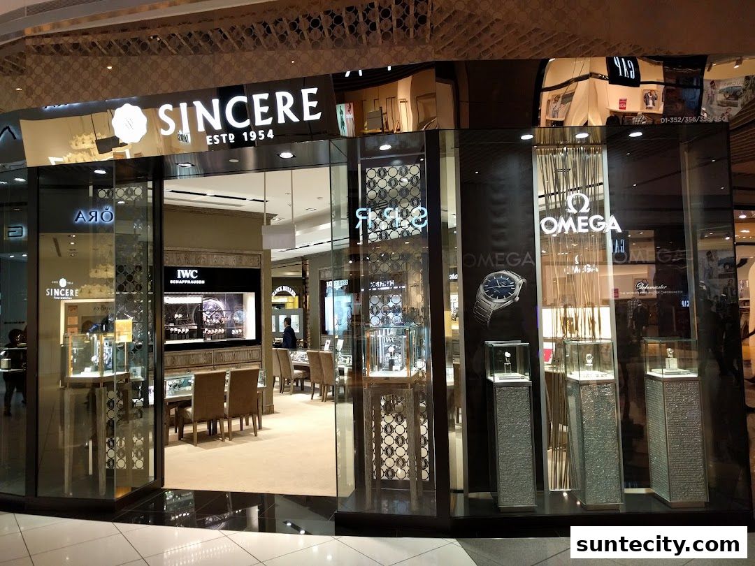 Exterior view of Sincere Fine Watches, showcasing luxury timepieces from brands like Omega and IWC.