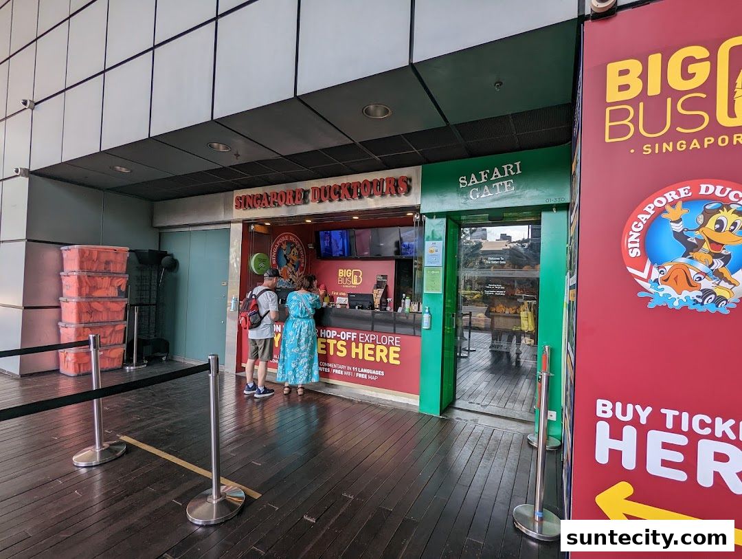 The entrance to Singapore DUCKtours, with a ticket counter and a Safari Gate entrance.