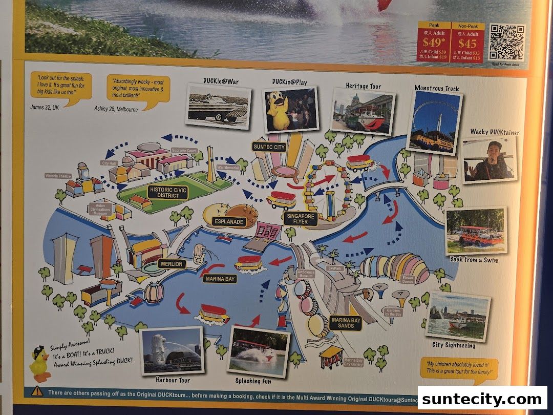 A map of Singapore highlighting DUCKtours routes and attractions with customer testimonials.
